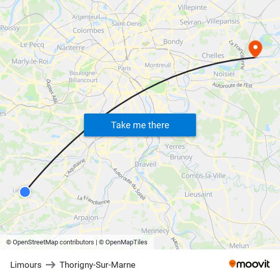 Limours to Thorigny-Sur-Marne map