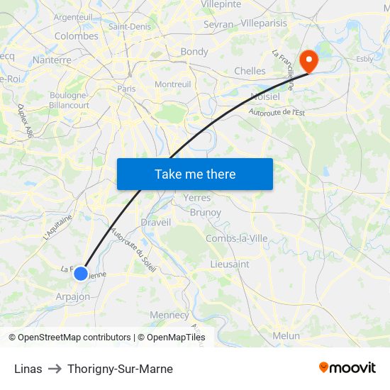 Linas to Thorigny-Sur-Marne map