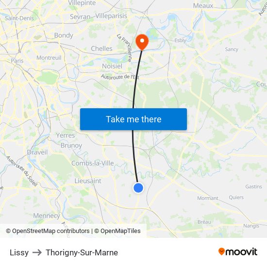 Lissy to Thorigny-Sur-Marne map