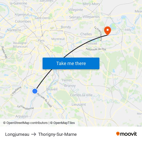 Longjumeau to Thorigny-Sur-Marne map