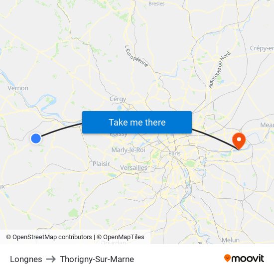 Longnes to Thorigny-Sur-Marne map