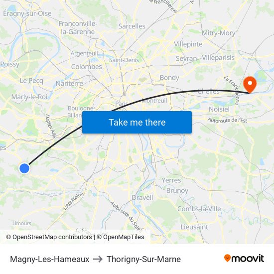 Magny-Les-Hameaux to Thorigny-Sur-Marne map