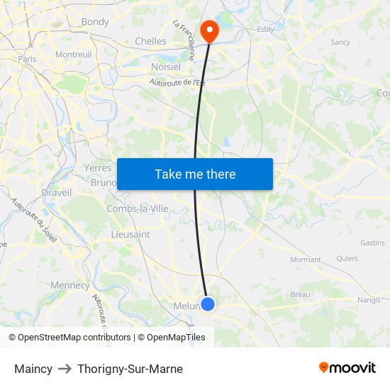Maincy to Thorigny-Sur-Marne map