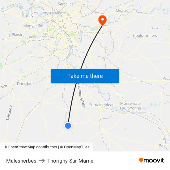 Malesherbes to Thorigny-Sur-Marne map