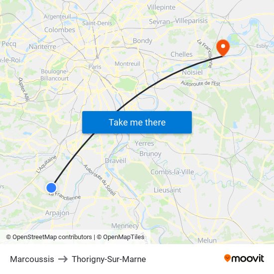 Marcoussis to Thorigny-Sur-Marne map