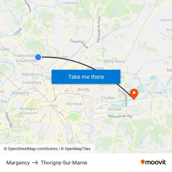 Margency to Thorigny-Sur-Marne map