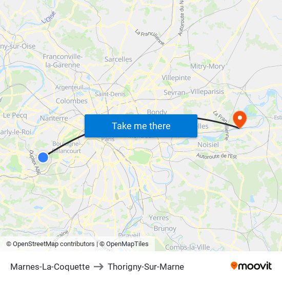 Marnes-La-Coquette to Thorigny-Sur-Marne map