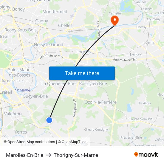 Marolles-En-Brie to Thorigny-Sur-Marne map