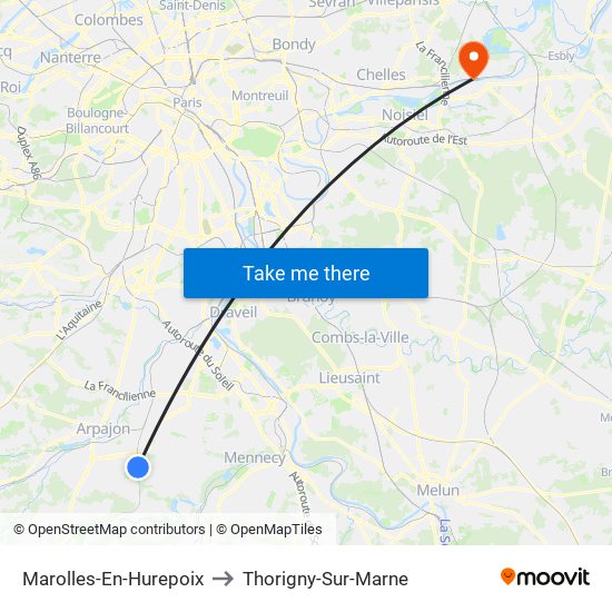 Marolles-En-Hurepoix to Thorigny-Sur-Marne map