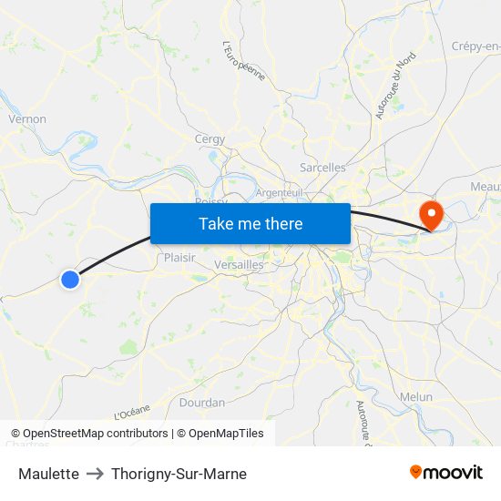 Maulette to Thorigny-Sur-Marne map