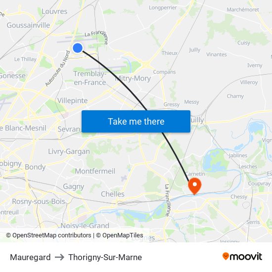 Mauregard to Thorigny-Sur-Marne map