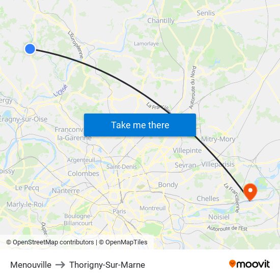 Menouville to Thorigny-Sur-Marne map