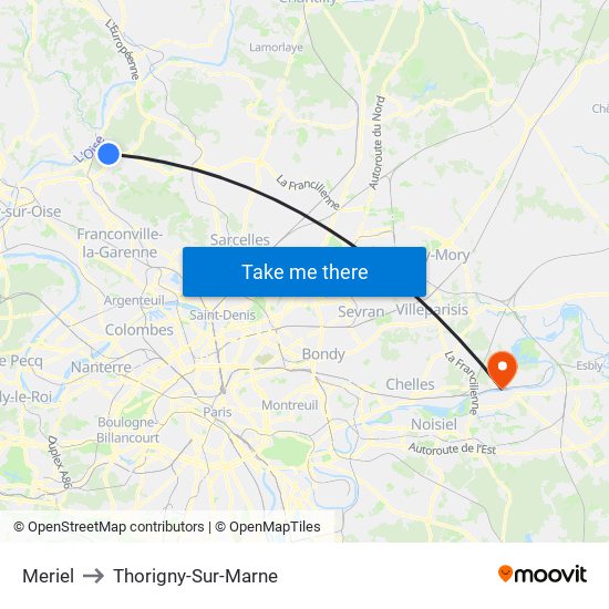 Meriel to Thorigny-Sur-Marne map