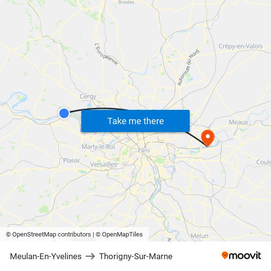 Meulan-En-Yvelines to Thorigny-Sur-Marne map
