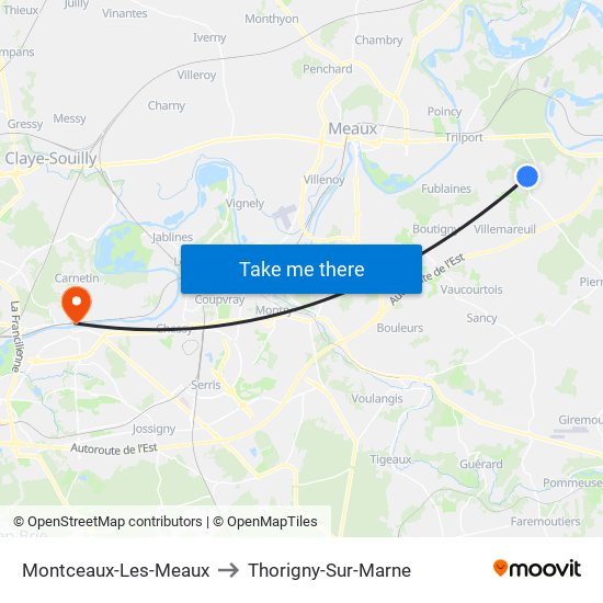 Montceaux-Les-Meaux to Thorigny-Sur-Marne map