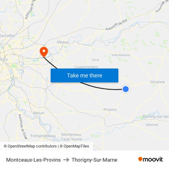 Montceaux-Les-Provins to Thorigny-Sur-Marne map