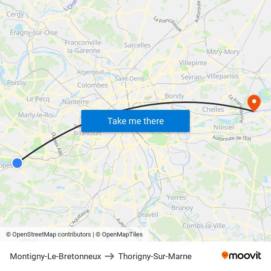 Montigny-Le-Bretonneux to Thorigny-Sur-Marne map