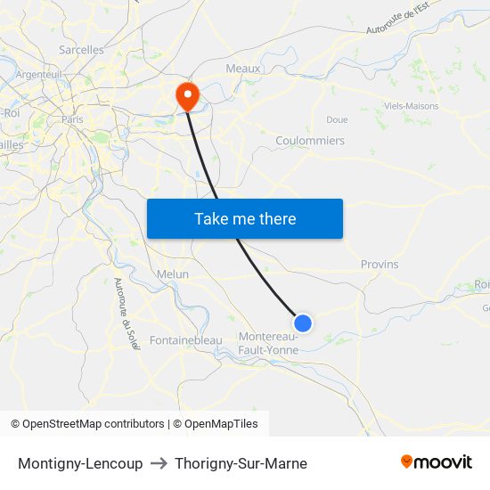 Montigny-Lencoup to Thorigny-Sur-Marne map