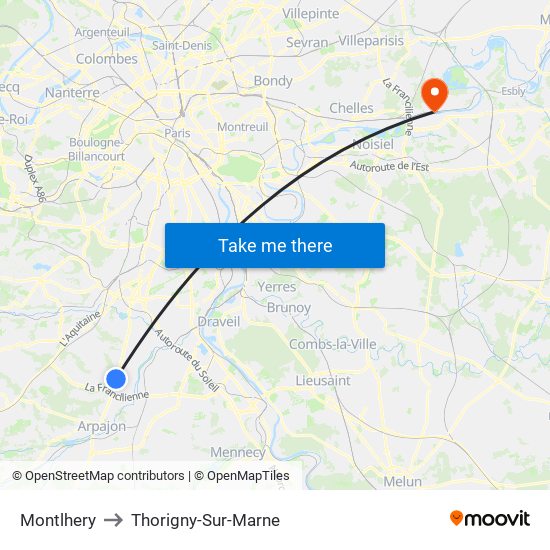 Montlhery to Thorigny-Sur-Marne map