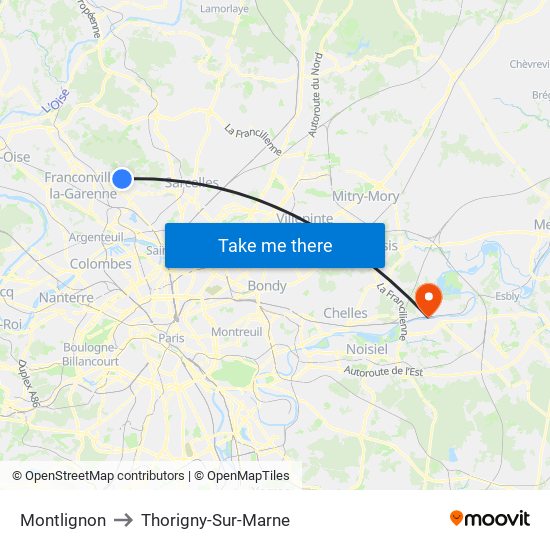 Montlignon to Thorigny-Sur-Marne map