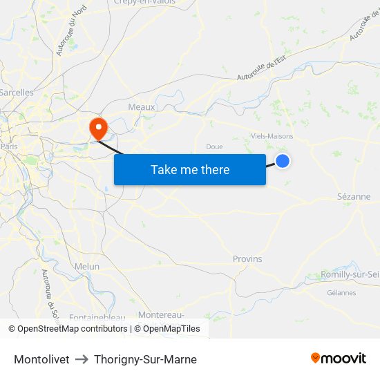 Montolivet to Thorigny-Sur-Marne map