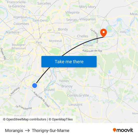 Morangis to Thorigny-Sur-Marne map