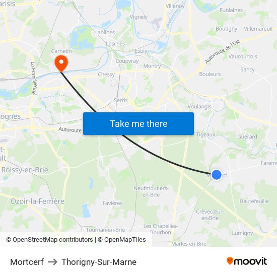 Mortcerf to Thorigny-Sur-Marne map
