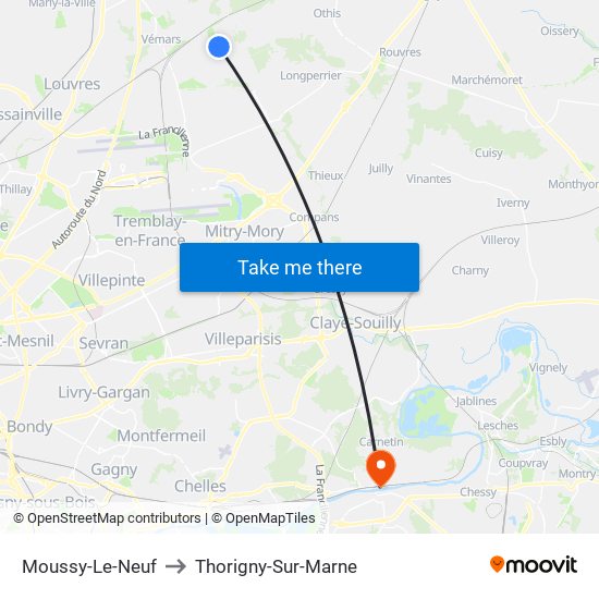 Moussy-Le-Neuf to Thorigny-Sur-Marne map