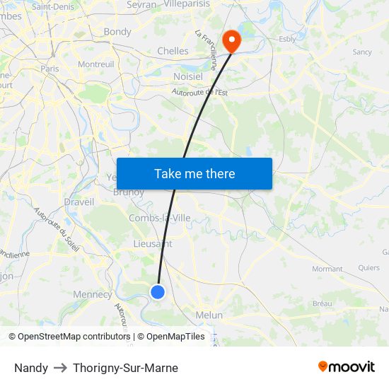 Nandy to Thorigny-Sur-Marne map