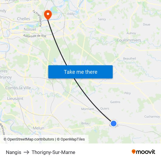 Nangis to Thorigny-Sur-Marne map