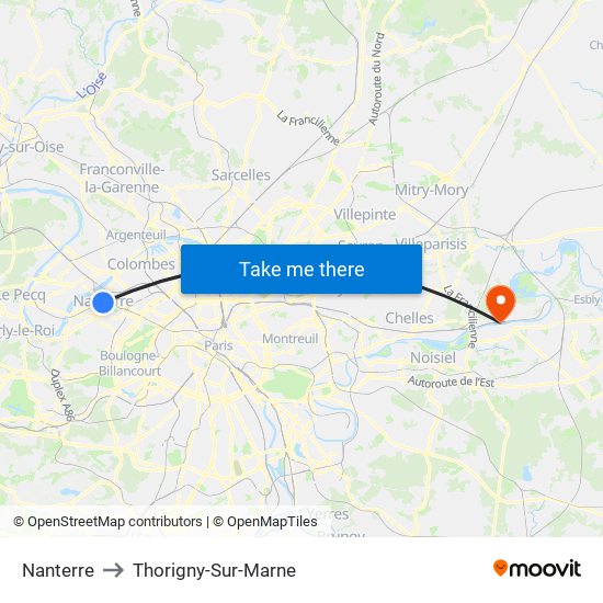Nanterre to Thorigny-Sur-Marne map