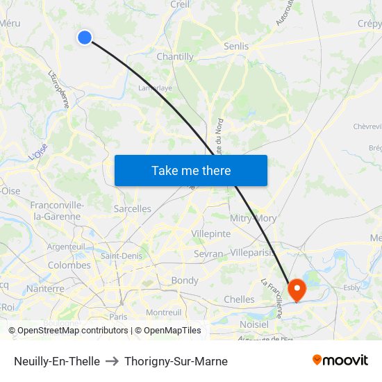 Neuilly-En-Thelle to Thorigny-Sur-Marne map