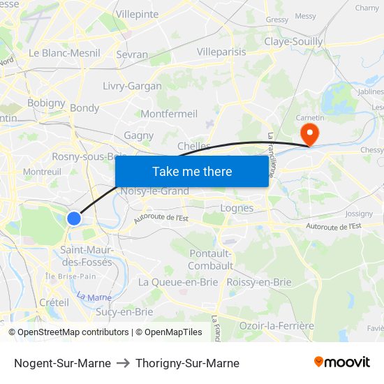 Nogent-Sur-Marne to Thorigny-Sur-Marne map