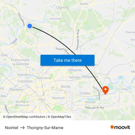 Nointel to Thorigny-Sur-Marne map