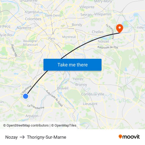 Nozay to Thorigny-Sur-Marne map