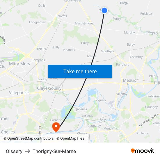 Oissery to Thorigny-Sur-Marne map