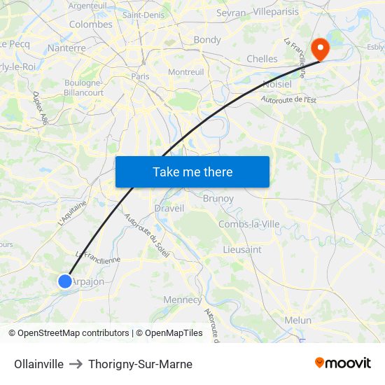 Ollainville to Thorigny-Sur-Marne map