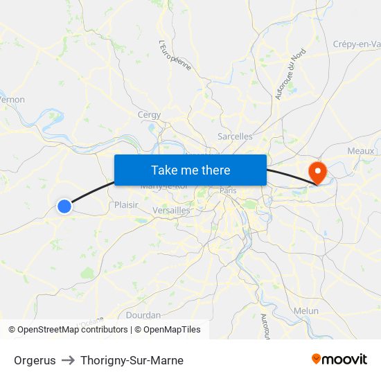 Orgerus to Thorigny-Sur-Marne map