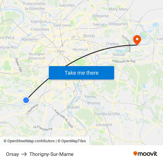 Orsay to Thorigny-Sur-Marne map