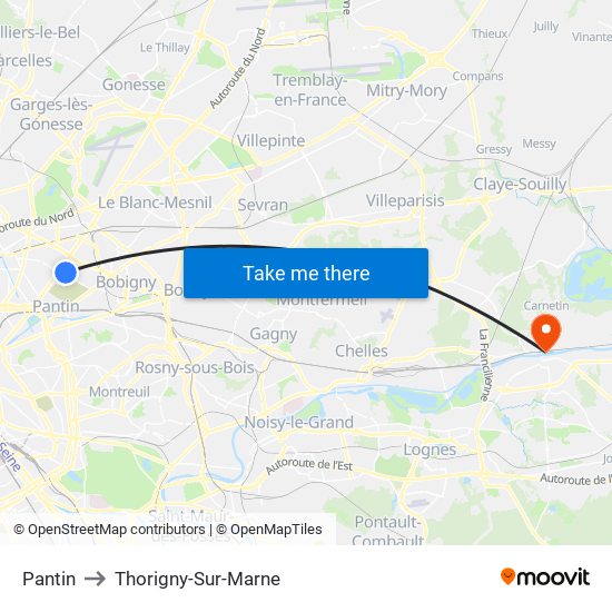 Pantin to Thorigny-Sur-Marne map