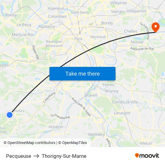 Pecqueuse to Thorigny-Sur-Marne map