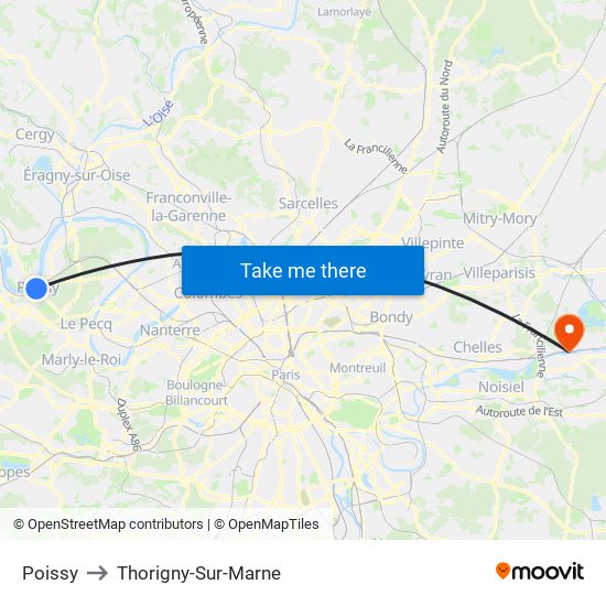 Poissy to Thorigny-Sur-Marne map