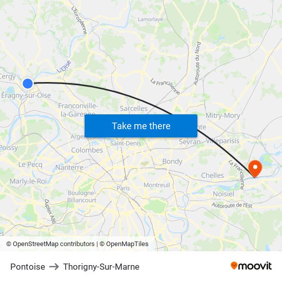 Pontoise to Thorigny-Sur-Marne map