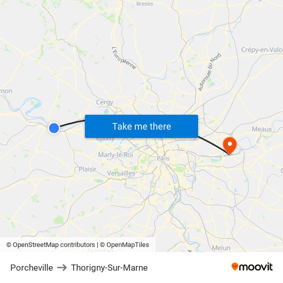 Porcheville to Thorigny-Sur-Marne map
