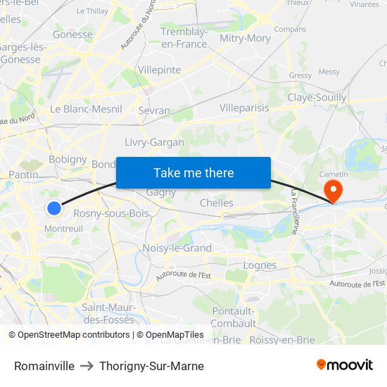 Romainville to Thorigny-Sur-Marne map