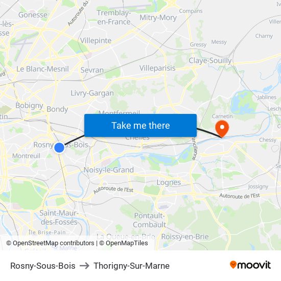 Rosny-Sous-Bois to Thorigny-Sur-Marne map