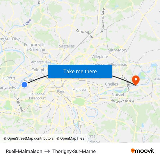 Rueil-Malmaison to Thorigny-Sur-Marne map