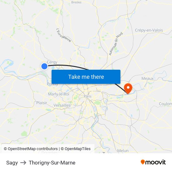 Sagy to Thorigny-Sur-Marne map