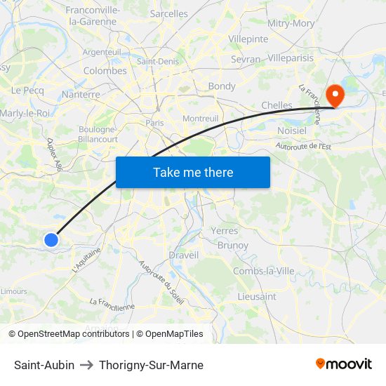 Saint-Aubin to Thorigny-Sur-Marne map
