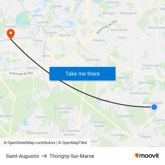 Saint-Augustin to Thorigny-Sur-Marne map